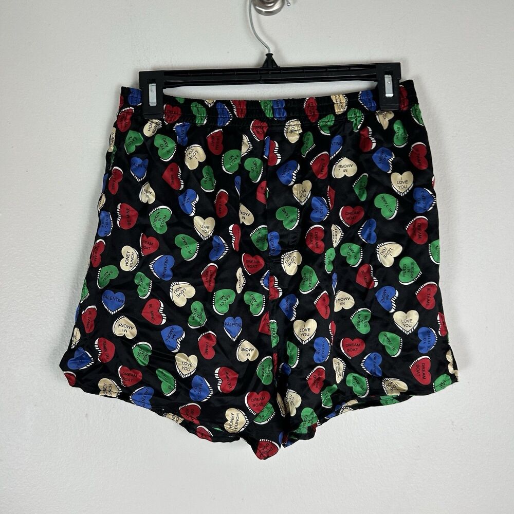 90s Men's Candy Heart Shorts 100% Silk Shiny Boxers Small Satin Conversation